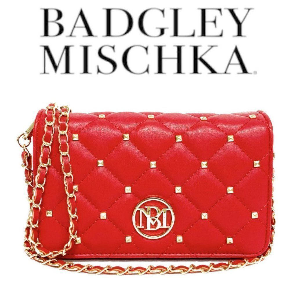BADGLEY MISCHKA Diamond Quilted Red Crossbody Bag with Studs and Circle Logo NWT